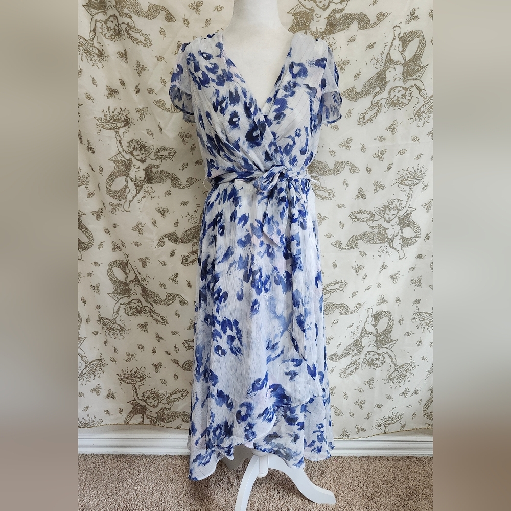 DKNY Floral Blue and White Faux Wrap Dress Sz 8 NWT